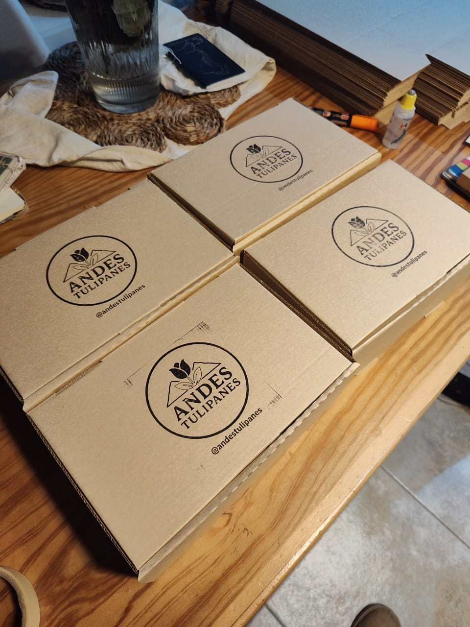 Cajas de cartón con la marca Andes Tulipanes